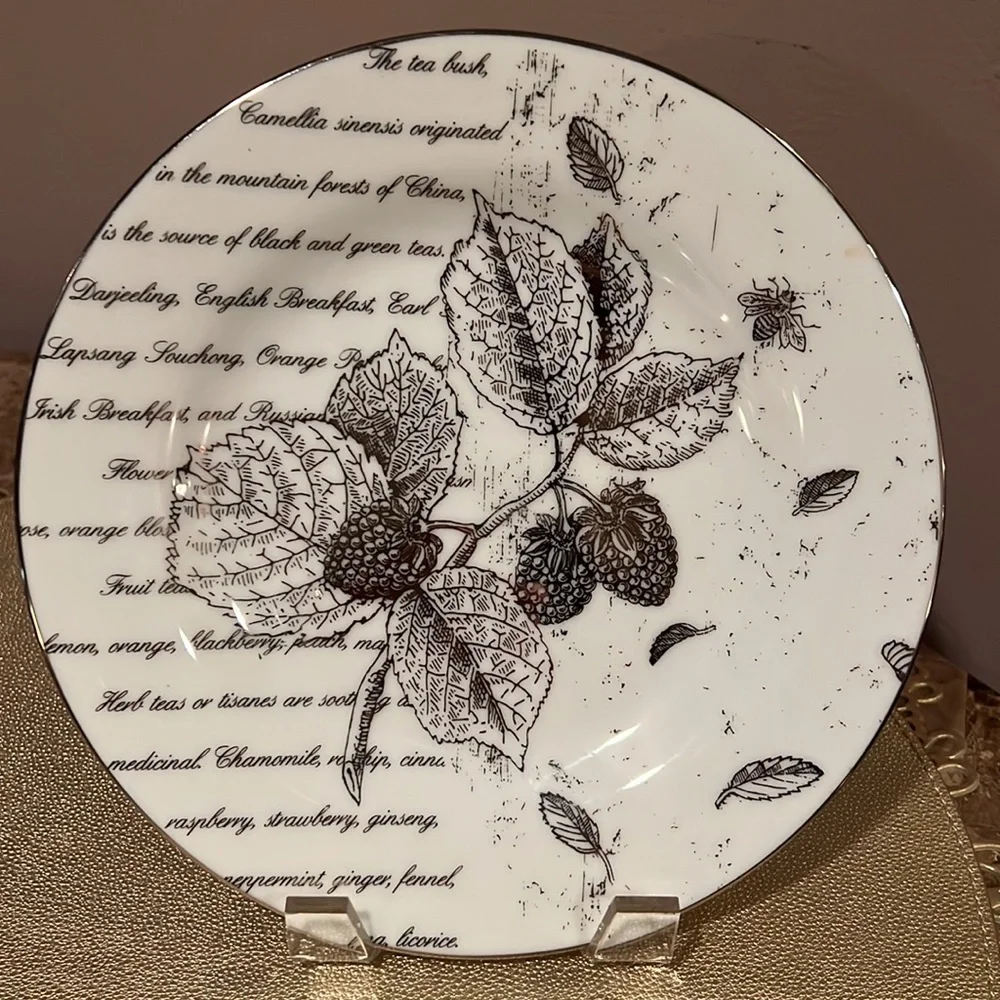 Pottery Barn Silver Fruit Tea Script Plates